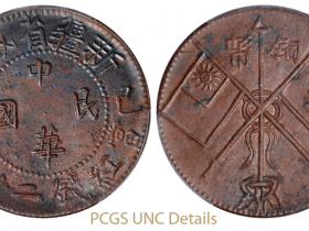 乙巳新疆省城造中华民国背双旗当红钱二十文铜币